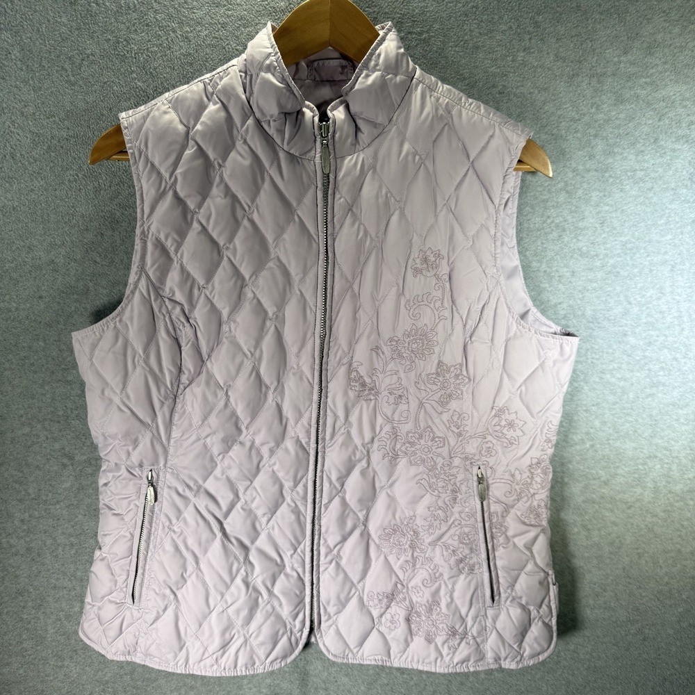Eddie Bauer Premium Goose Down Quilted Vest Womens Large Lilac Floral Embroidery